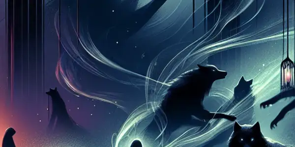 A vulnerable figure in a shadowy forest confronts menacing wolves, symbolizing the dangers of unchecked desire and betrayal.