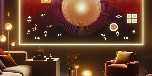 A cozy, intimate living room with plush seating, dim lighting, and a high-definition screen, evoking a sensual atmosphere.