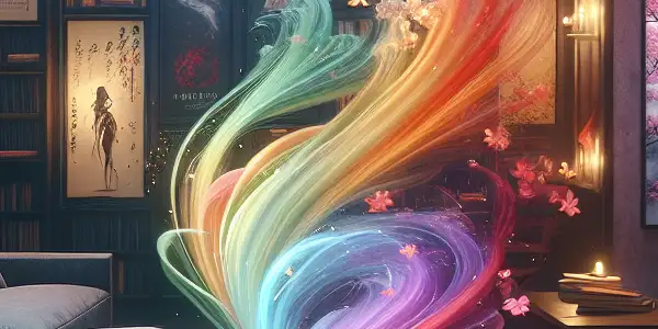 A cozy, dimly lit room filled with books, screens, and romantic elements, inviting exploration of adult themes.