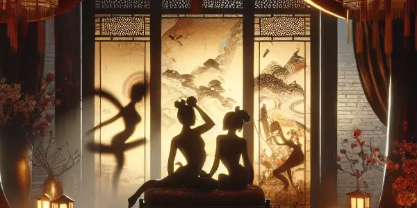 A dimly lit room adorned with traditional Asian decor, featuring elegant silhouettes and a vintage film projector.
