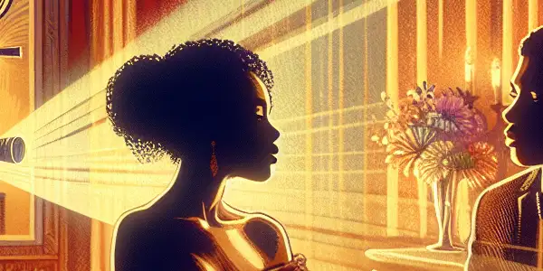 A passionate couple in a dimly lit, luxurious room, surrounded by elements of classic erotic cinema.