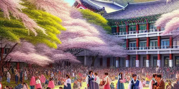 A lively South Korean university campus in spring, featuring cherry blossoms and students enjoying playful interactions.