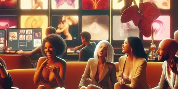 A vibrant digital lounge with a sleek computer, diverse people socializing, and a cozy, inviting atmosphere.