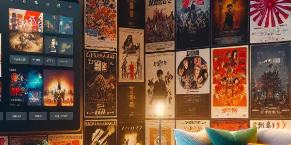 A cozy living room with a modern screen displaying Japanese adult film content and vibrant movie posters.