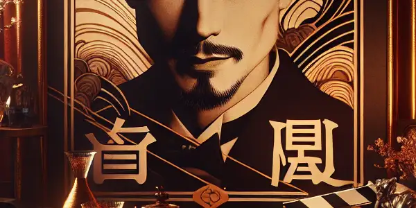 A cozy Hong Kong film studio featuring a dramatic movie poster of a charismatic male actor surrounded by vintage film props.