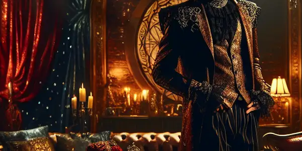 A confident character in a luxurious, dimly lit room, embodying elegance and intensity with SM-themed elements.