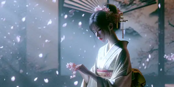 A serene Japanese room with cherry blossoms, featuring a melancholic actress embodying beauty and emotional depth.