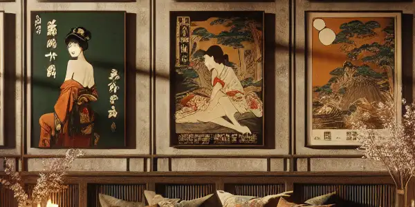 Luxurious room blending Western and Japanese erotic cinema elements, featuring rich fabrics, art, and ambient lighting.