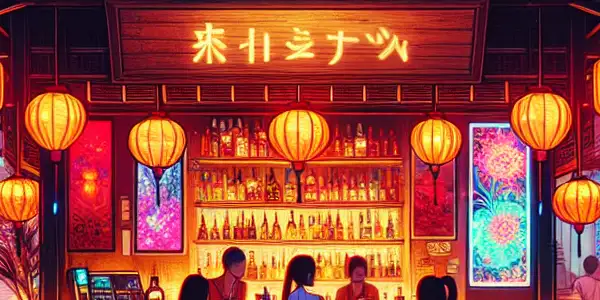 A lively Nha Trang nightlife scene with neon lights, traditional architecture, and diverse patrons enjoying a vibrant atmosphere.