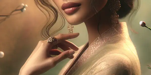 A serene Asian woman surrounded by cherry blossoms and flowing water, embodying grace and elegance in a tranquil setting.