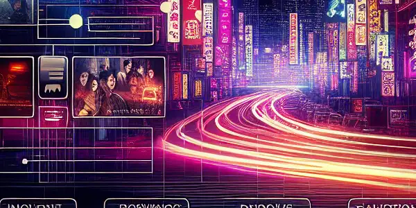 A vibrant digital interface showcasing thumbnails of Asian adult films with a modern, seductive aesthetic.