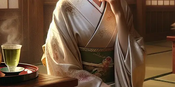 An elegant Asian woman in a silk kimono poses in a serene, traditional Japanese bedroom.