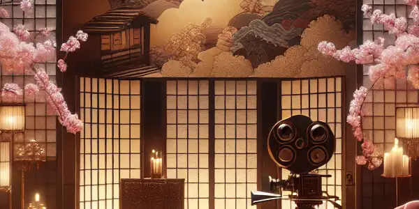 A luxurious film set featuring elegantly dressed actors in an intimate, sophisticated Asian erotic context.<a href=