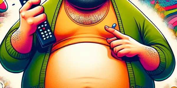 A cheerful middle-aged man with a round belly enjoys a lively urban setting filled with humor and friendship.