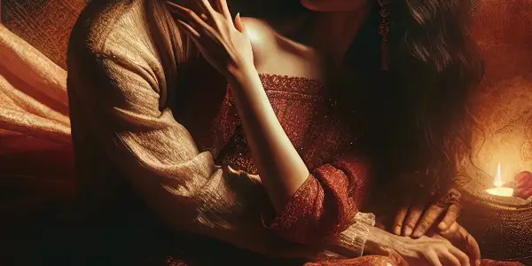 A passionate couple embraces in a dimly lit, intimate setting adorned with rose petals and soft candlelight.