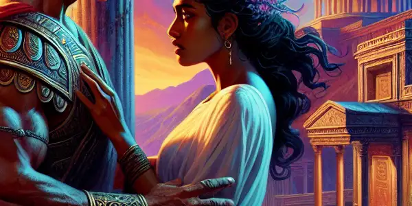 A passionate embrace between two characters in a lavish Roman villa at twilight, hinting at romance and conflict.