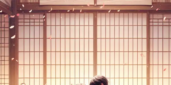 A sensual moment between two characters in a traditional Japanese room, surrounded by cherry blossoms and soft lighting.
