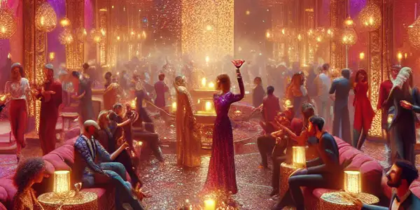 A vibrant party scene with diverse Asian characters enjoying playful interactions in an elegantly decorated room.