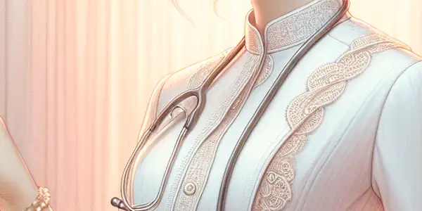 A captivating Asian woman in a seductive nurse uniform within a softly lit hospital setting.