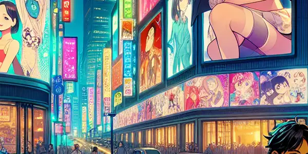 A vibrant Tokyo street filled with neon lights, anime advertisements, and a couple enjoying an anime-themed café.