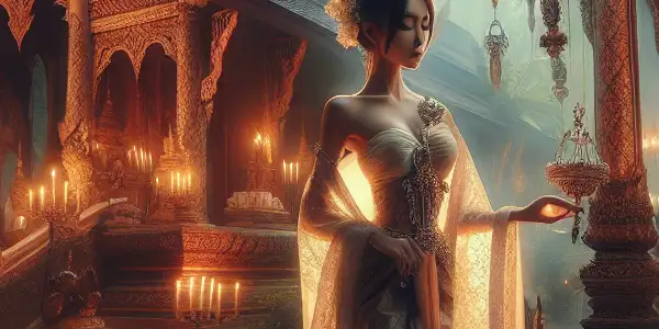 A serene Thai temple scene featuring an elegant nun surrounded by lush greenery and ethereal light.