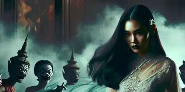 A hauntingly beautiful woman in a dimly lit room, surrounded by ghostly figures from Thai folklore.
