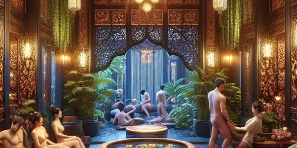 A lively Thai massage parlor in Bangkok, blending relaxation, exotic allure, and subtle hints of adult entertainment.