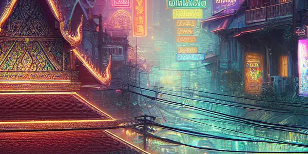 A vibrant Bangkok street scene showcasing Thailand's erotic culture with neon lights, traditional architecture, and adult entertainment elements.