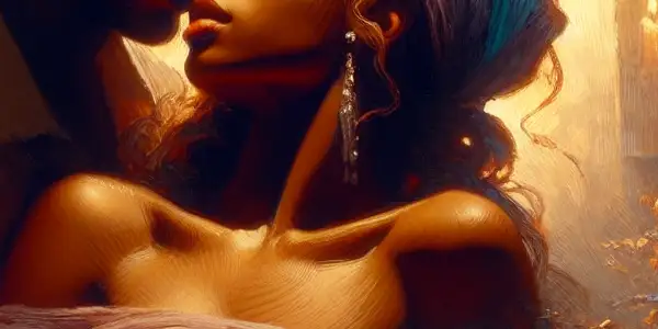 A warmly lit room with two figures expressing deep emotional connection and passion amidst romantic details.