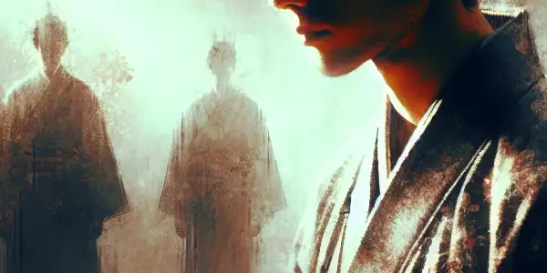 A young adult in a disheveled kimono, expressing emotional turmoil in a dimly lit, tense environment.<a href=