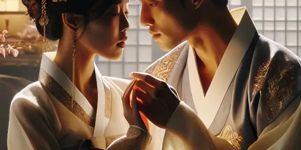 A cozy, elegantly decorated room featuring a couple in an intimate, romantic moment, highlighting connection and emotion.