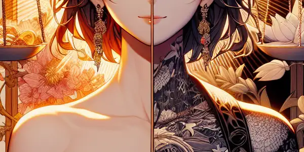 A split scene contrasting allure and seduction with discomfort and negativity, symbolizing emotional connotations in adult narratives.