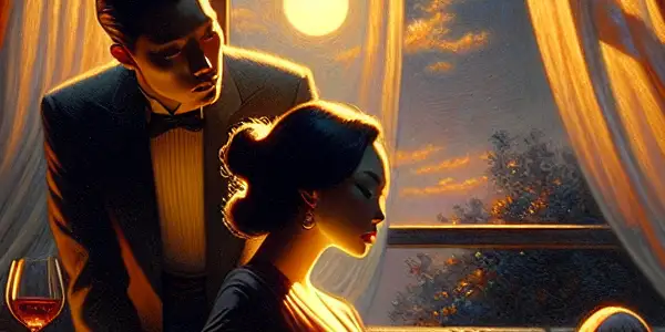 A dimly lit romantic scene featuring two figures in an intimate pose, surrounded by soft colors and alluring details.