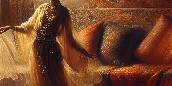 A sensual woman posed elegantly in a candlelit ancient room, surrounded by romantic tapestries and soft cushions.